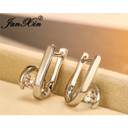 Unique Geometric Crystal Hoop Earrings For Women White Gold Yellow Gold Round White Zircon Stone Earring Wedding Party Jewelry