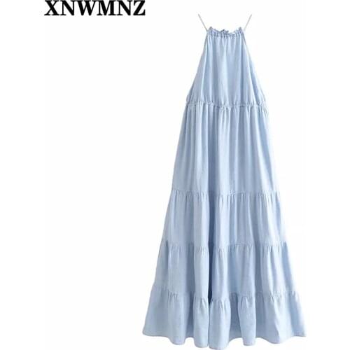 XNWMNZ 2021 women Vintage linen blend midi dress Woman straps halter neck with ruffle trim elastic waistband robe Chic dresses