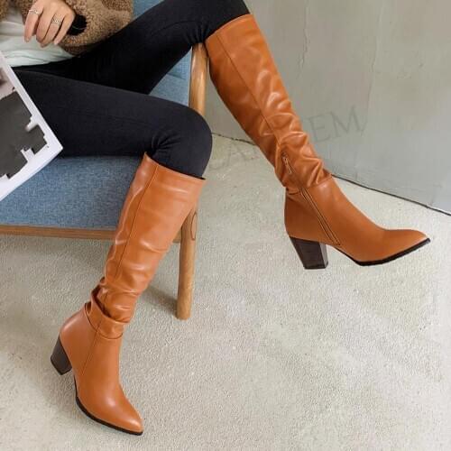 LAIGZEM Women Knee High Boots Side Zip Chunky Block Heels Boots Pleated Boots Ladies Shoes Woman Botas Muje Size 33 38 39 45 46