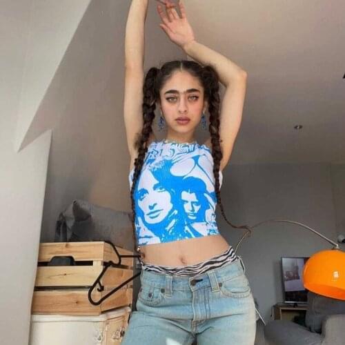 European And American Street Sexy Navel-bearing Personality Printing Summer Round Neck Sleeveless Pullover Vest T-shirt Women