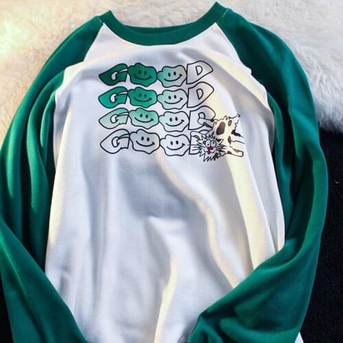 Green Raglan Stitching Funny Cartoon Sweatshirt Women Long Sleeve Tops 2021 New Hip Hop Casual Streetwear Fashion Teens Clothes