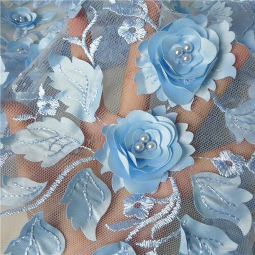 1 Yard Delicate French Lace Fabrics Light Blue Pearl Beaded Tulle Mesh Lace Fabric Embroidered 3D Flower Wedding Dress