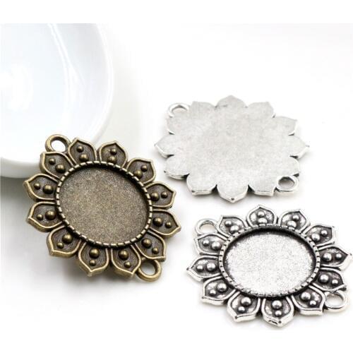 10pcs 18mm Inner Size Antique Bronze And Silver Plated Flower Connection Style Cabochon Base Cameo Setting Charms Pendant