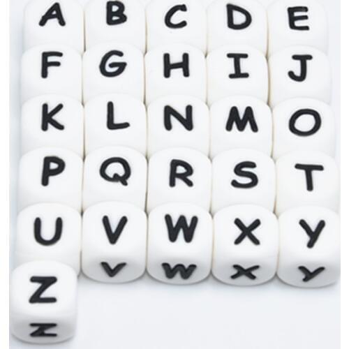 100 PCS English Alphabet Letter 12 MM Silicone Cube Teether Beads BPA Free Food Grade Baby Teething Jewelry Teaching Nursing Toy