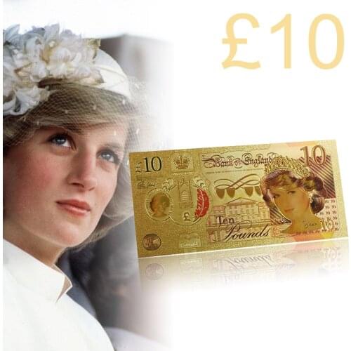 2019 WR Princess of Wales Golden Banknote Quality 999 24k Gold Foil Banknote Diana Princess Ten Pounds Gold Banknote