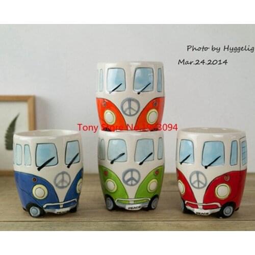 40pcs/lot Cartoon Double Bus Mugs Hand Painting Retro Ceramic Cup Coffee Milk Tea Mug Drinkware Novetly Gifts