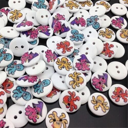 50pcs 15mm White Print Octopus Wood Buttons Clothing Sewing Tool WB160