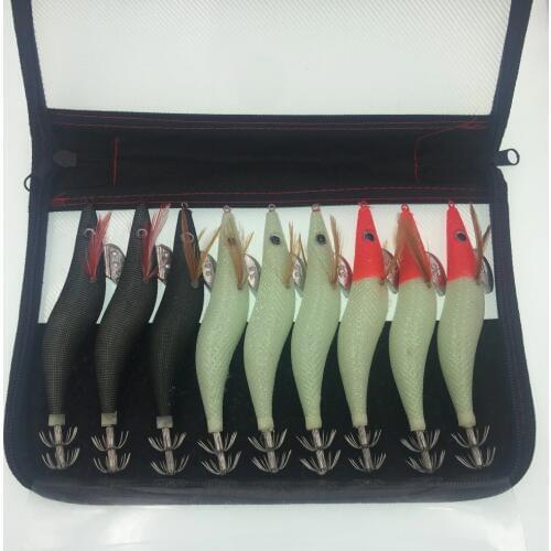 9Pcs/Bag Squid Jigs lure Wooden Shrimp Hook Artificial Octopus Cuttlefish Bait 3.5# 13cm 21g