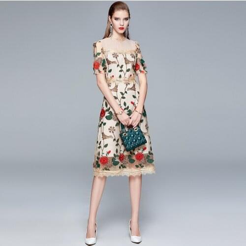 BLLOCUE Lady Fashion 2020 Summer Stitching Mesh Yarn Embroidery Rose Round Neck Short Sleeve Elegant Party Dress