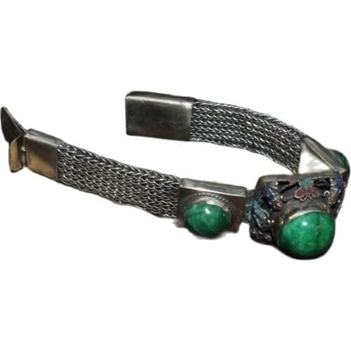 China folk old Tibetan silver Cloisonne inlaid with greenstone jade Bracelet