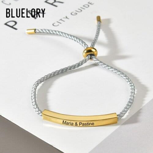 Bluelory Custom Stainless Steel Laser Engraved Name Bracelets Black Red Silver Color String Adjustable Women DIY Jewelry