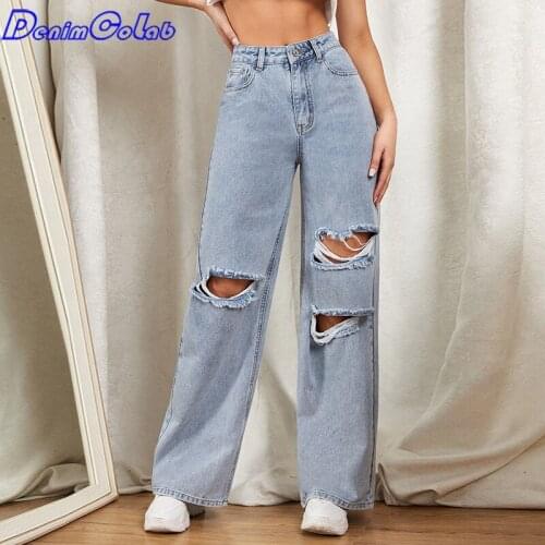 DenimColab 2021 Hole Washed Wide Leg Pants Jeans Women Loose Boyfriend Jeans 100% Cotton Mom Jeans Casual Trousers Denim Pants
