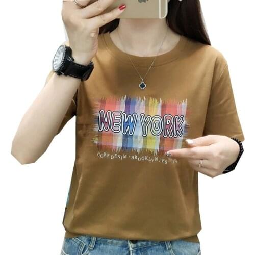 GGRIGHT 2021 Summer Letter Print O-Neck T-Shirt Women Cotton Basic Tee Shirt Women Knitted Casual Solid Short Sleeve Korean Tops