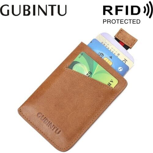 Gubintu Foreign Trade New Ultra-Thin Leather Pull-Belt Anti-Magnetic Card Holder Multi-Function RFID Cattlehide Card Bag Spot