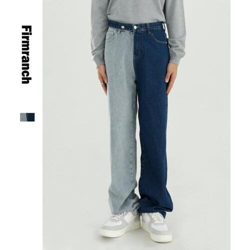 Firmranch Spring Men/Women Washed Contrast&Match Colors Design Sense Color Loose Straight Long Denim Pants Japanese&Korean Style