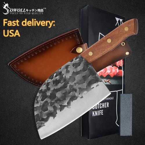 3PCS Handmade Forged Chef Knives Set Leather Plastic Cover Knife Sheath Case Sharpening Stone Gift Box New Year Christmas