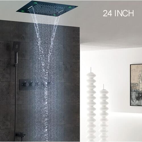 Waterfall Rain Mist Shower Faucets set ceiling concealed 24 inch led showerhead hot and cold 4 ways diverter valve matte black