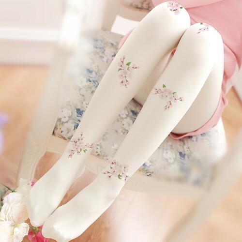 NEW winter Japanese lolita students COS tights velvet 80D vintage white Purple cherry blossom Pantyhose Stockings HR