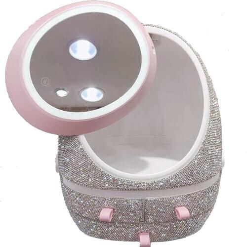 Luxury Rhinestones Large Makeup Organizer with LED Mirror Bling Dustproof Makeup Brush Holder Organizer Cosmetic Storage Box