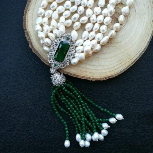 Fine 5Strands White Baroque Pearl Necklace Pendant inlay zircon Green Jade tassel flower accessories necklace