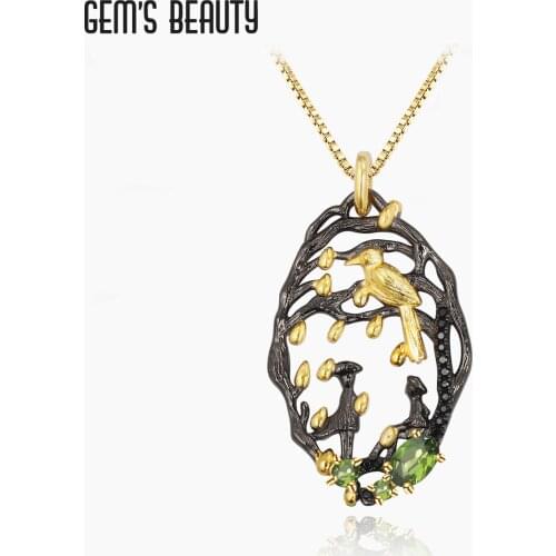 GEMS BEAUTY Jewelry 2021 Style Necklace 925 Silver For Women Bird Vine Fruit Couple Natural Chrome Diopside Handmade Necklace