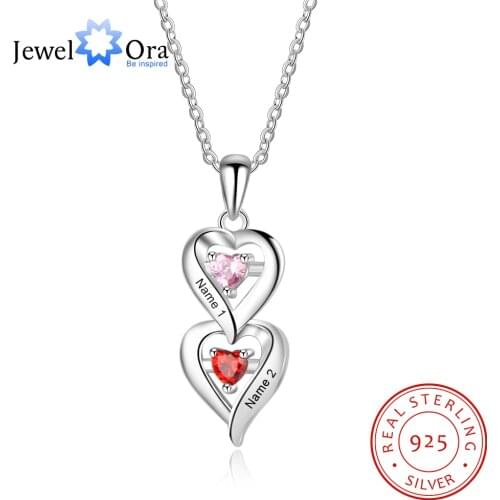 Personalized 925 Sterling Silver Heart Necklace with 2 Birthstones Custom Engraved Silver Pendants for Women Promise Gifts