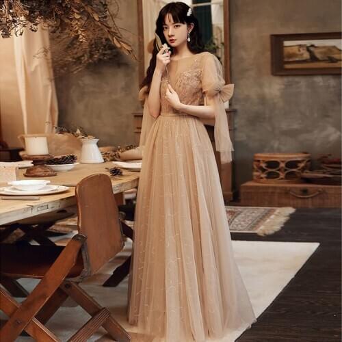 Evening Dress Bow Short Sleeves O-Neck Floor-Length A-Line Sequins Lace Up Backless Elegant Simple Woman Formal Party Gown A426