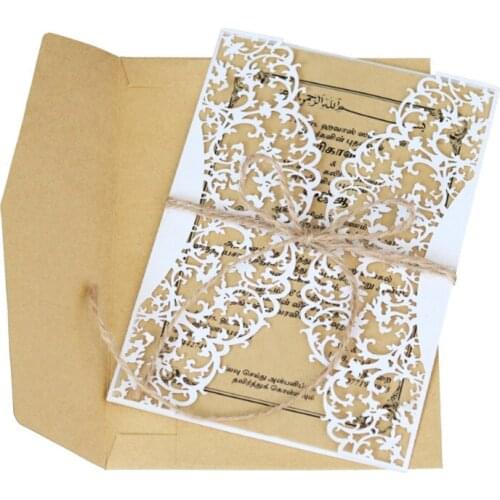 Retro wedding invitation card with hemp rope floral lace laser cutting personalized insert card design