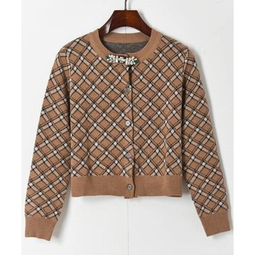 2021 Spring Plaid Fashion Cardigan Brand Sweater Coat O-Neck Crystal Brooch O-Neck Single-Breasted Short Brown Cardigan Clothes