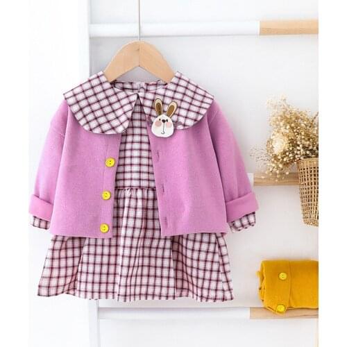 Spring and autumn new girls' knitted button coat baby lapel plaid rabbit print long-sleeved dress two-piece princess dress suit