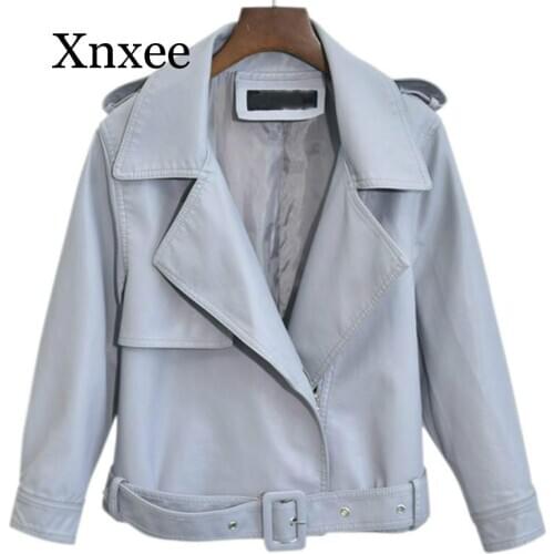 Women Leather Jacket Loose Long Sleeve Short Girls Beige Jackets Motorcycle Faux Leather PU Coat Streetwear Ladies Tops blue