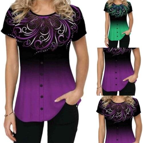 Womens New Simple Round Neck Fashion Gradient 3D Printing Short Sleeve T-Shirt