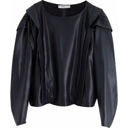Women Cascading Decoration PU Leather Shirt Female Smock Nine Quarter Sleeve Blouse Casual Lady Loose Tops Blusas S8161