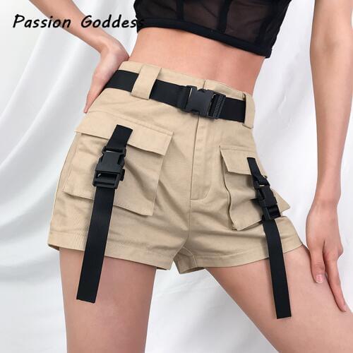 2019 Women Summer Loose Cargo Shorts with Belt Sashes Punk Cool Wide Leg Shorts Collect High Waist Femme Cool Baggy Cargo Shorts