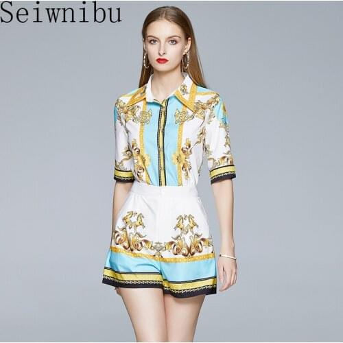 Fashion Designer Set Spring summer Women Half Sleeve Print Shirt Tops + Pocket Shorts Two-piece Set Ladies Elegant Office Suit