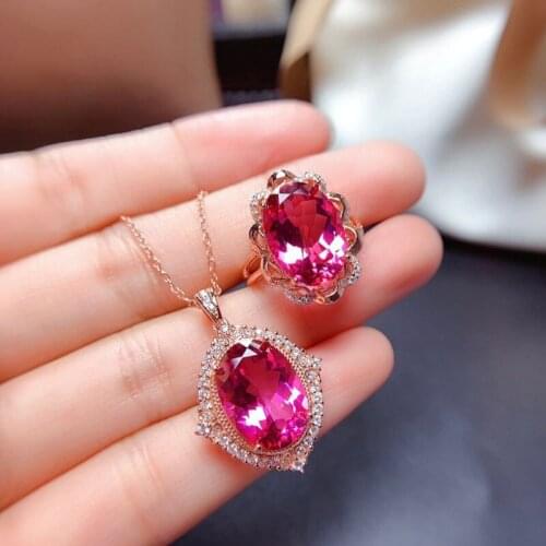 925 Fashion Jewelry Set Simulation Red Tourmaline Color Treasure Full Diamond Adjustable Ring Pendant Necklace For Women Gift