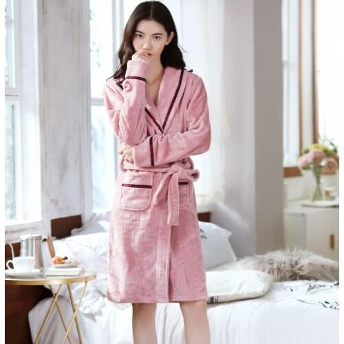 Women Winter Coral Fleece Kimono Gown Home Robe Thicken Warm Lounge Nightwear Cute Couple Lovers Sleepwear Flannel Bathrobe