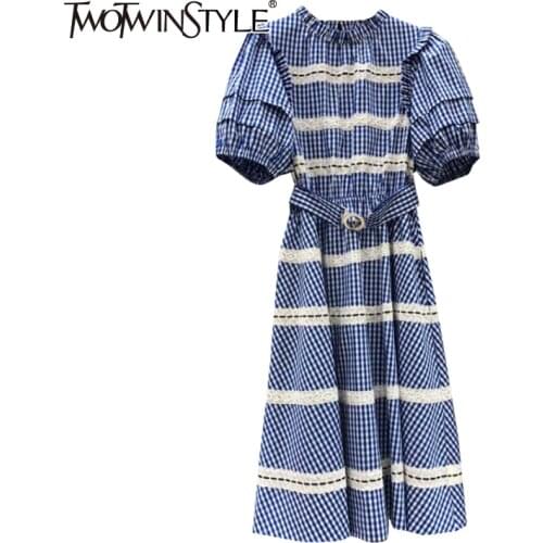 TWOTWINSTYLE Plaid Patchwork Lace Dress For Women Stand Collar Puff Sleeve High Waist Elegant Hit Color Dresses Female Fashion