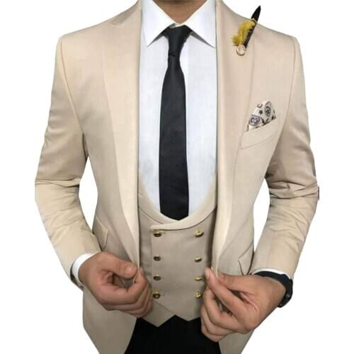 3 Piece Slim Fit Suits for Men with Double Breasted Waistcoat Peaked Lapel Wedding Tuxedo Groomsmen Male Fashion Jacket Pants