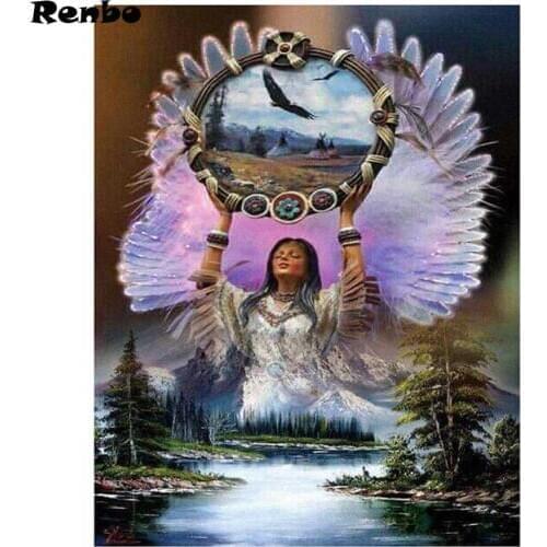 5d diy diamond painting Americans Indian girl Dream catcher of Cross Stitch Resin Full Diamond Painting Birds Lake 3d picture