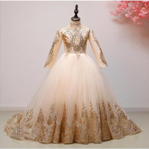 Sequin Baby Dress Long Trailing Gold Tulle Baptism Dress Newborn Girl 1 Year Birthday Wear Toddler Infant Christening Ball Gown