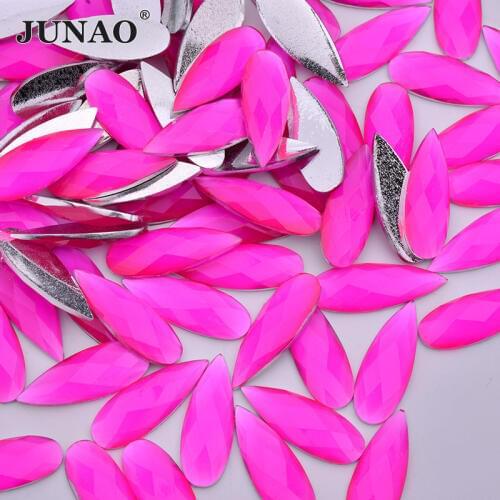 JUNAO 100pcs 8*22mm Neon Rose Drop Rhinestone Applique Flatback Resin Crystal Gems Non Hotfix Strass Non Sewn Decoration Stone