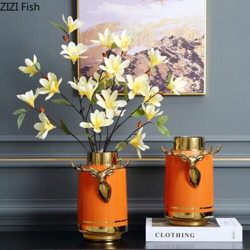 Golden Stripes Ceramic Vase Orange Flower Pot Floral Arrangement Crafts Porcelain Vases Home Decoration Accessories Modern