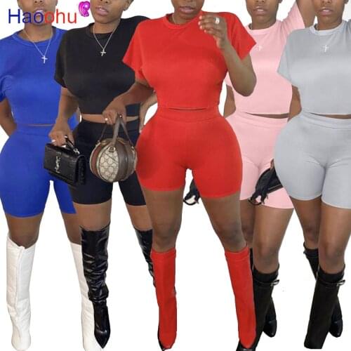 HAOOHU Women Set Solid Short Sleeve O-neck T-shirts Skinny Elastic Shorts Matching Sets 2 Piece Set Summer Outfits