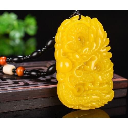Carved Yellow Jade Dragon Pendant Natural Chinese Green Beads Necklace Jadeite Jewellery Fashion Lucky Woman Amulet Gifts