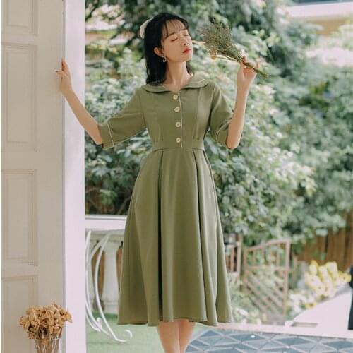 Summer Womens Dress Women Doll Collar Sweet Kawaii Dress 2021 French Vintage Short Sleeve Chic Button Elegant Dresses Female