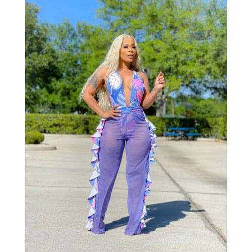 Fashion HD Printing 2021 Summer New Transparent Mesh See Through Casual Irregular Lace Edge Pants Swimsuit Suit Party Spot D8446