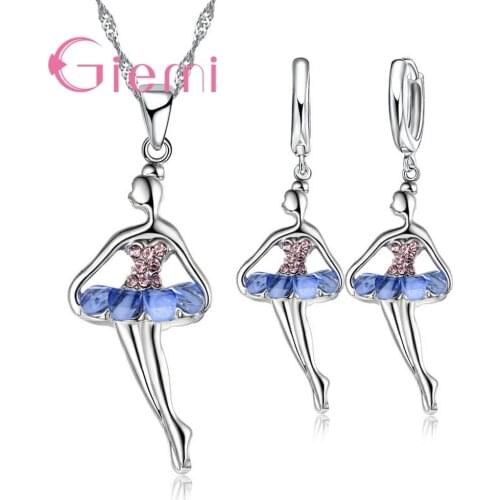 Fashion Hot Ballet Dancing Girl Pendant Pretty CZ Colorful Dress 925 Sterling Silver Necklace Earrings Jewelry Set