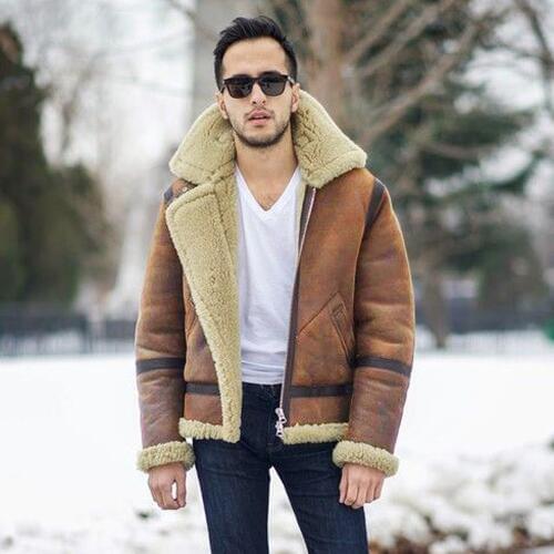 Real Sheepskin Fur Flying Coat Genuine Sheep Shearling Jacket Male Winter Flight Jacket Brown Men Fur Overcoat Extra Big Size
