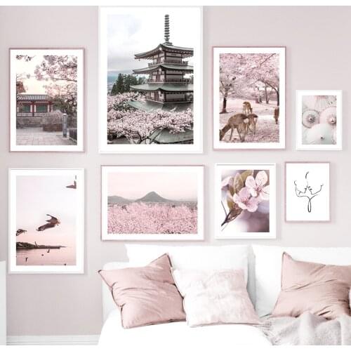 Cherry Blossoms Lake Deer Kiss Line Wall Art Canvas Painting Nordic Posters And Prints Decoration Pictures For Living Room Mural